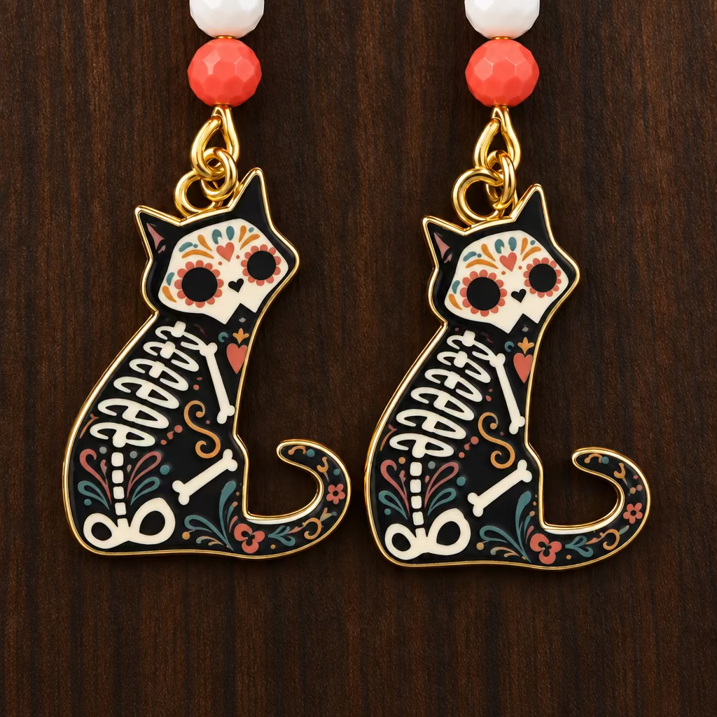 A pair of dangling earrings with black cat skeleton charms, decorated with colorful sugar skull details and gold-tone hardware, hanging against a dark wood background.