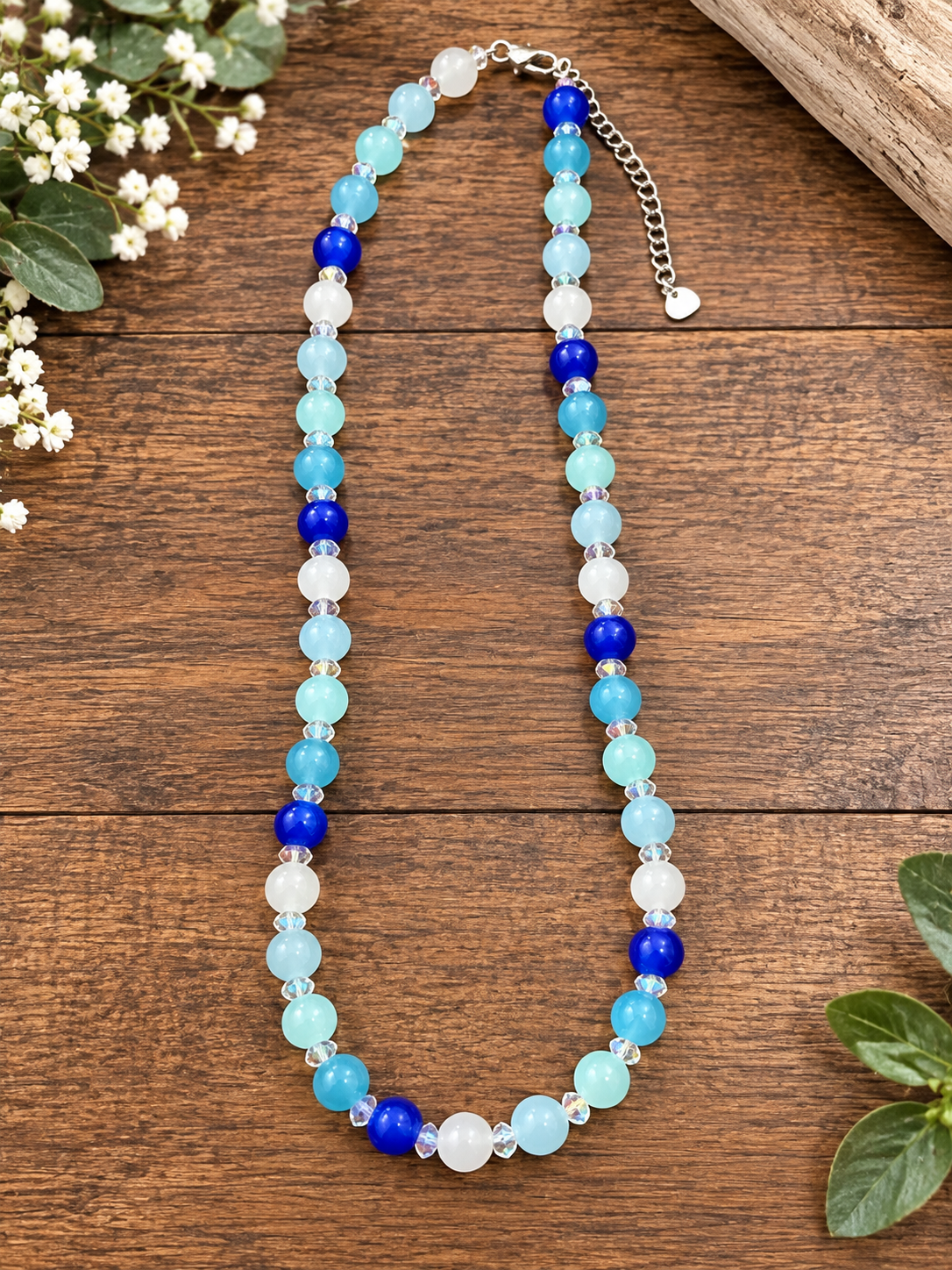 handmade blue and white glass beaded necklace with faceted aurora glass spacers
