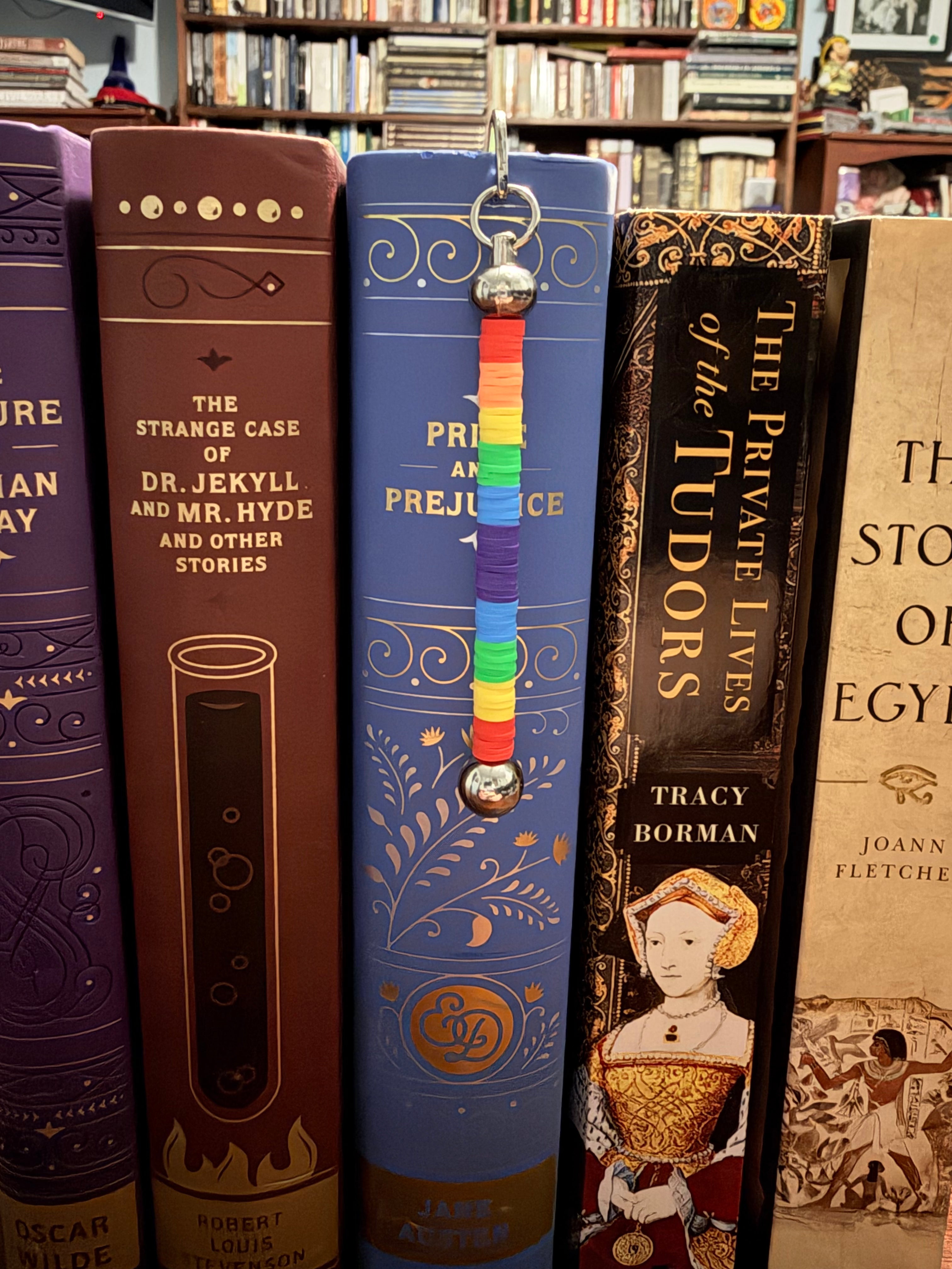 A close-up of a rainbow-striped book bookmark hanging from a silver ring on the spine of a blue book titled 'Princess and the Prejudice' by Jane Austin displayed among other book spines in a library setting.